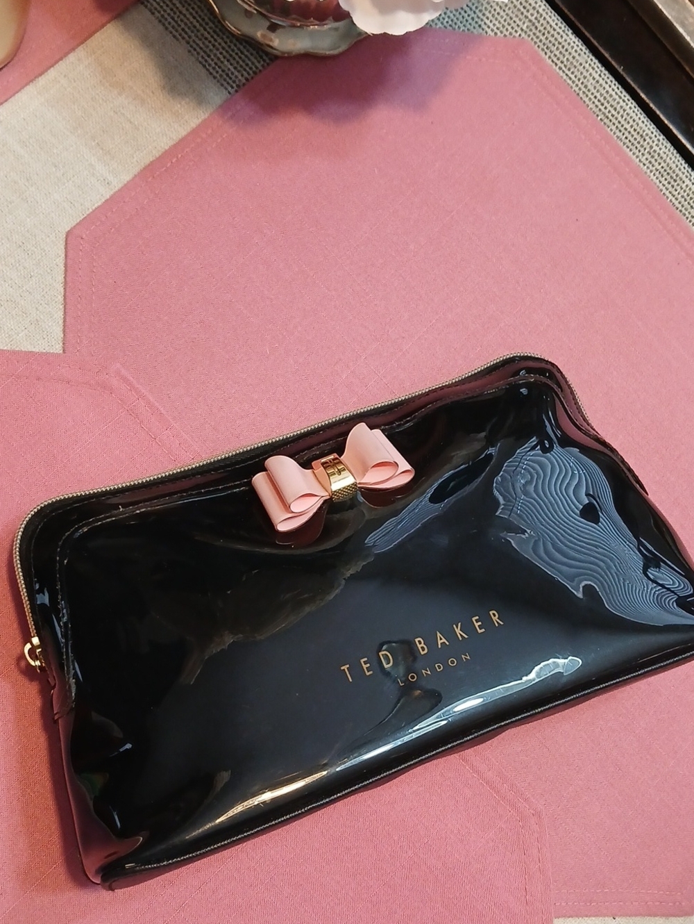 Ted Baker Black Patent Clutch with Pink Bow Accent